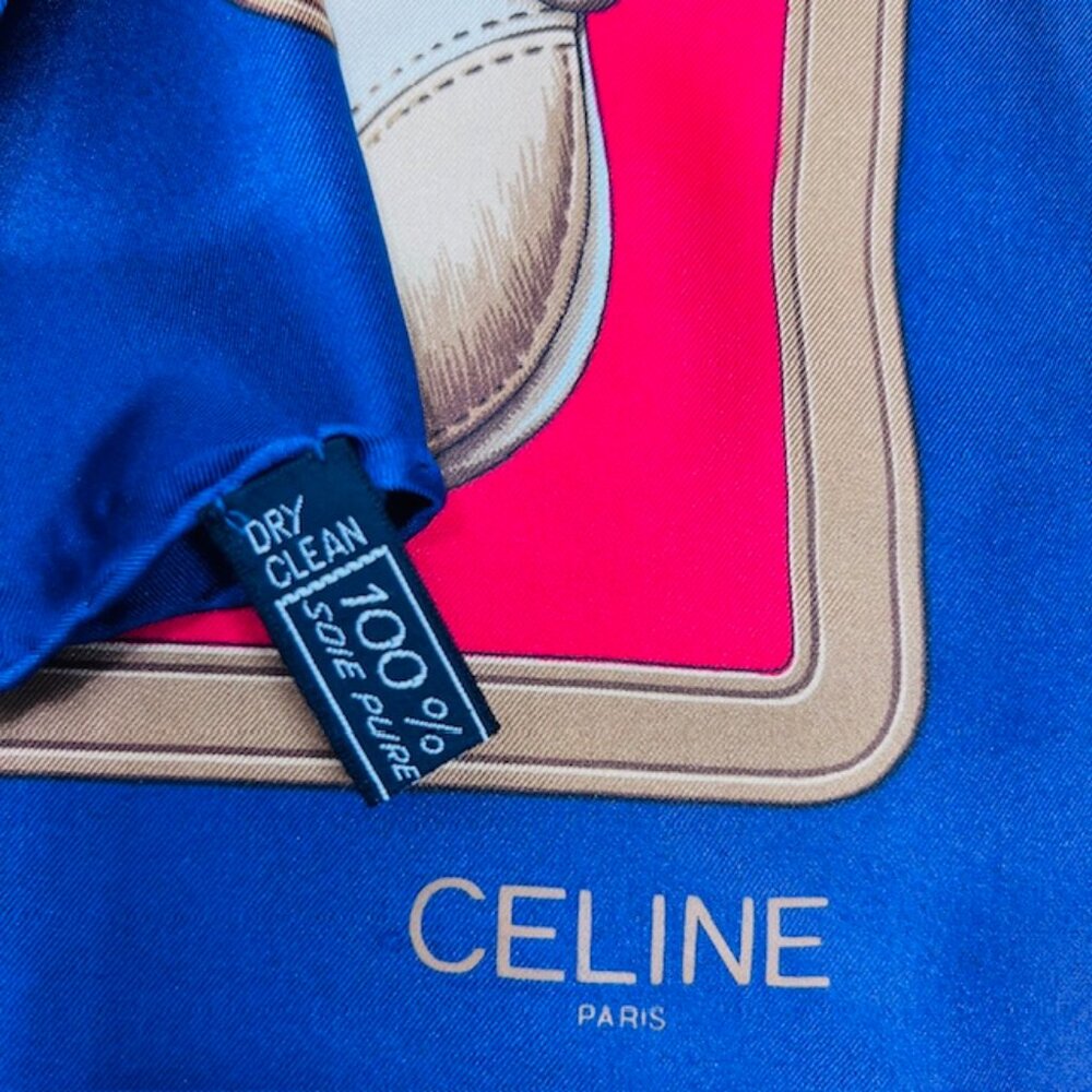 Unused-CELINE Paris 100% SilkScarf 34" x34" Red Blue Hourses Dogs Italy Made(59 - Picture 13 of 15